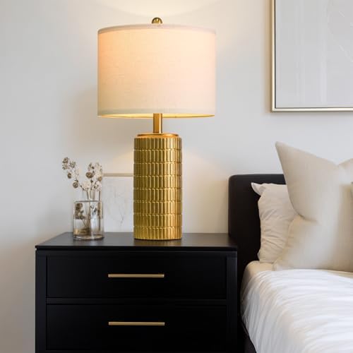 Image of PoKat 23 inch Brass Gold Ceramic Table Lamps for Living Room, Retro Warm Gold Lamps for Night Stands, Vintage Bronze Decorative Lamps for Bedroom, Antique Gold Brown Nightstand Lamps for Home Decor