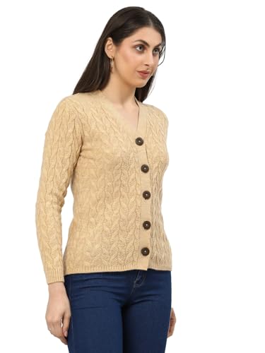 Image of Kalt Women Full Sleeves Cable Button Acrylic V-Neck Sweater