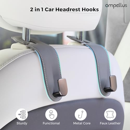 Ompellus Car Headrest Hook, 2 Pack Leather Car Seat Hooks for Purses and Bags, Car Organization Accessories (Black)