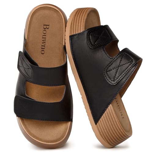 Image of Platform Sandals Women Genuine Leather Slip-on Beach Slide Buckle Comfortable Sandals with Memory Foam Soft Lining and Open Toe Low Wedges