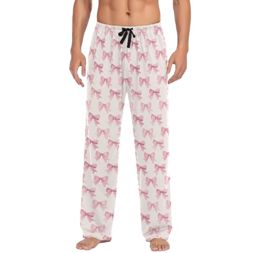Men’s Pink Bow Pajama Pants with Pockets, Comfortable Lounge Sleep Bottoms#955