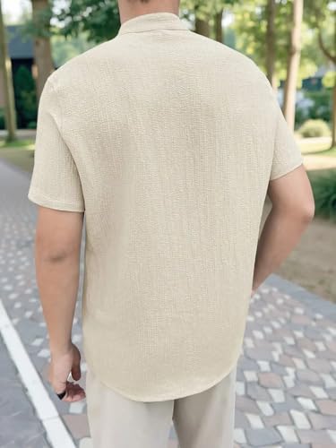 Image of Men's Solid Textured Half Sleeve Shirt with Stylish Buttons | Band Collar Casual Shirt for Summer Wear