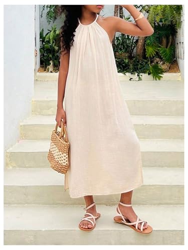 Floerns Girl's Pleated Halter Slit Midi Dress A Line Vacation Casual Loose Dresses4
