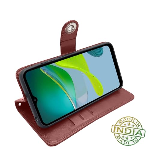 Image of Pikkme Motorola Moto E13 Flip Cover Leather Finish | Inside TPU with Card Pockets | Wallet Stand and Shock Proof | Complete Protection Button Flip Case (Brown)