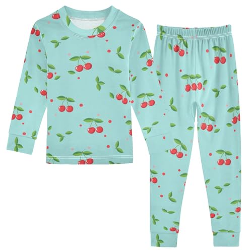 Pajama Sets Long Sleeve Cherry Pattern Blue Background Soft Comfy Sleepwear 2 Piece PJS 3-8T