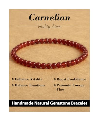 Landorilo Beaded Bracelet for Men Women 4mm Natural Stone Carnelian Healing Crystal Stretch Bracelets Ideal Christmas Birthday Jewelry Gifts with Energy CardReplacement Beads Included