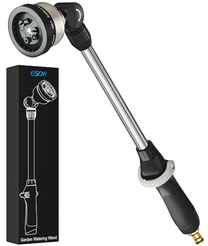 ESOW Garden Hose Wand 16 Inches, Watering Sprayer Wand with 9 Watering Patterns, 180° Adjustable Swivel Head, 100% Heavy Duty Metal Hose Nozzle, Thumb Control On Off Valve