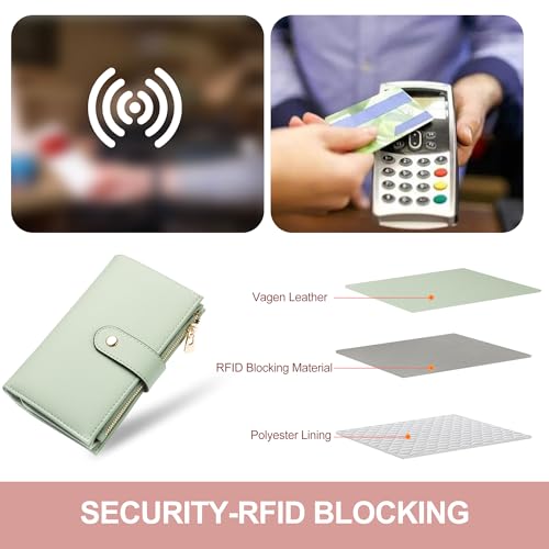 Image of yiijay Womens Wallet RFID Blocking Vegan Leather Trifold Clutch Credit Card Holder Ladies Travel Wallet Purse with Pen Holder, Green