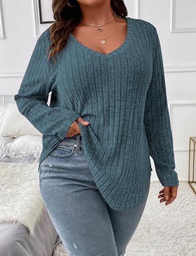Image of Koscacy Women Plus Size Casual Knit Sweater V Neck Solid Color Tops Lightweight Long Sleeve Blouses