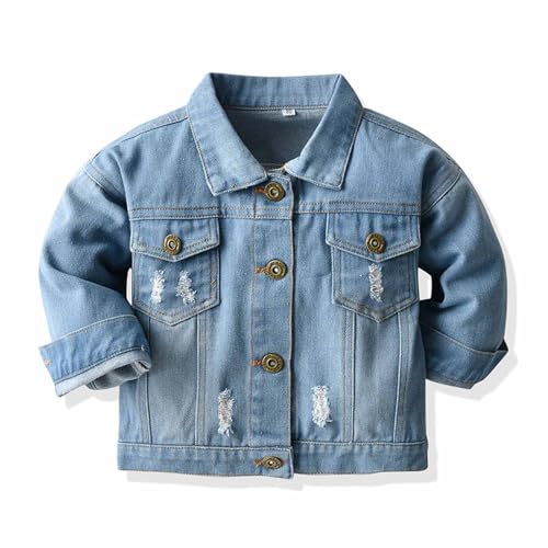 HAOLEI Chaqueta Vaquera Niño Niña Moda Denim Jacket de Manga Larga con Botones Rasgado Vaquero Ropa de Calle Casual Outwear Cuello Solapa Cazadora de Mezclilla Ropa Niño Otoño Invierno 0.5-7 Años