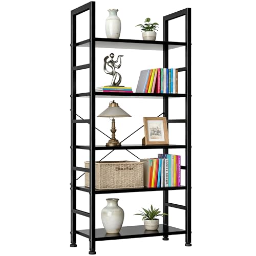 SageNest 5-Tier Bookshelf, Free Standing Wooden Bookcase with Open Storage Shelves with Metal Frame, Sturdy Shelf Organization Display Rack for Living Room, Bedroom, Home Office, 62.2' Tall, Black
