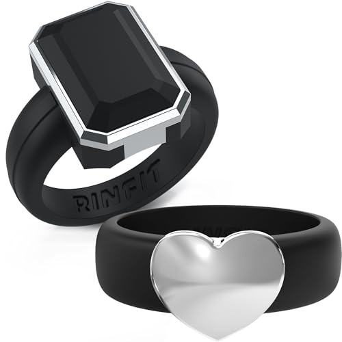 Rinfit Silicone Wedding Bands for Women, Braided Rings, Rubber Engagement Rings For Her - Emerald and Heart Ring Black/Silver, Size 7