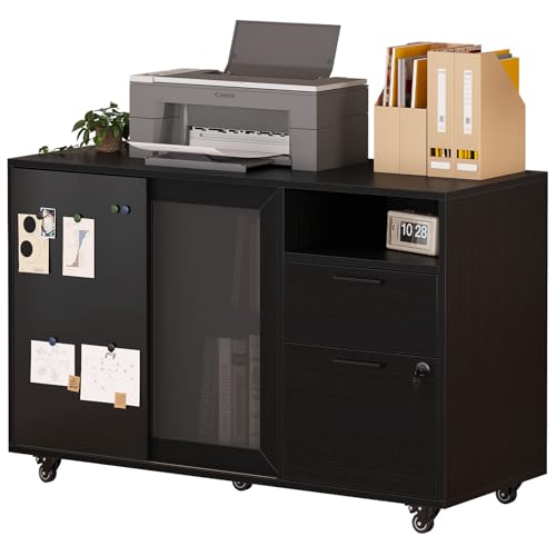 HSH ファイルキャビネット デスクワゴン サイドワゴン オフィスワゴン 引き出し付き プリンター台 大容量収納 ロック付き ブラック 幅96×奥行40×高さ66cm