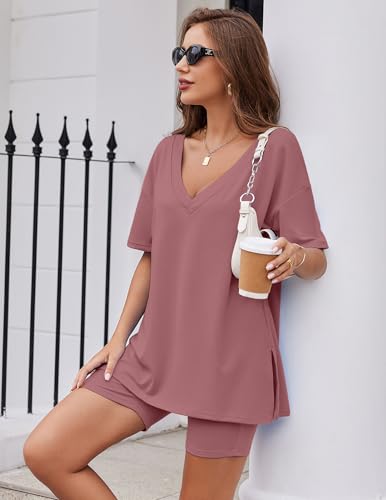 Image of Ekouaer Womens Pajamas 2 Piece Lounge Sets Oversized V Neck T-Shirts Tops Biker Shorts Set Workout Reversible Tracksuit S-XXL