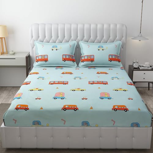 Image of RD FABS Glace Cotton Wrinkle Free Soft Hypoallergenic Bed Sheet with 2 Pillow Cover | Cartoon Printed | Double Bed King Size Kids Bedsheet (90x95 Inches /Aqua /Bus) 144 TC