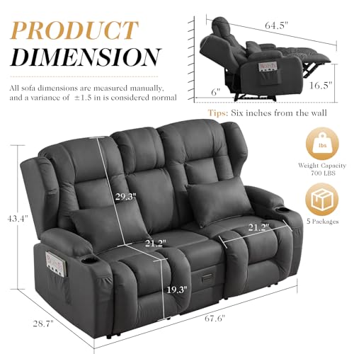 Image of Loveseat Recliner Sofa,RV Wall Hugger Recliners for Small Spaces,Reclining Loveseat Sofa Recliner with Cup Holders /Lumbar Pillows,RV Furniture (Dark Gray, Loveseat with Flip-up Console)