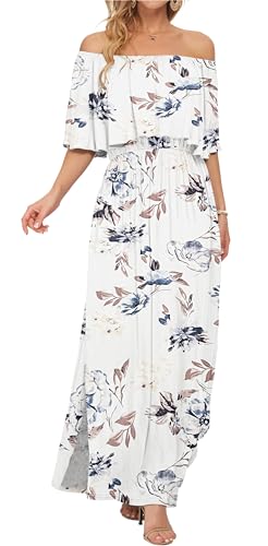 Image of AUSELILY Womens Off Shoulder Ruffle Split Summer Maxi Dresses with Pockets | Off-shoulder Ruffle dress with empire waist & side split for summer beach and casual parties