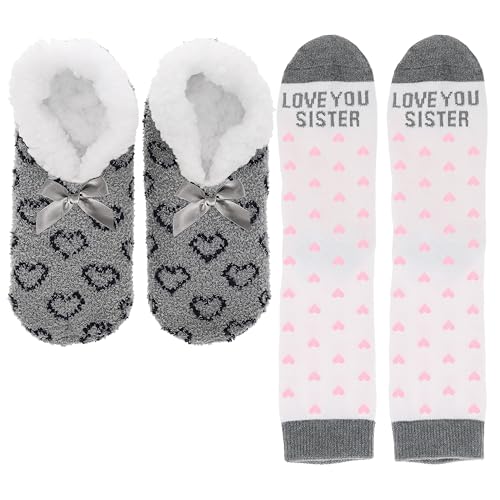 Pavilion Gift Company - Love You Sister - One Size Fits Most Soft Sherpa Cozy Anti-Slip Slippers With Heart Patterned Socks Caring Sister Sissy Sibling Birthday Sentimental Gift