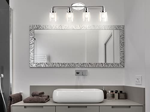 Image of JONATHAN Y 31.75 inch Chrome 4-Light LED Vanity Light, Farmhouse Wall Sconce for Bathroom Mirror, Clear Seeded Glass Shade, Rustic Iron Fixture for Kitchen Hallway, LED Bulb Included (JYL7533A)