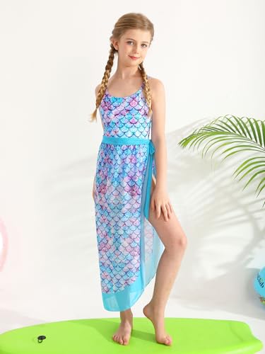 Image of Girls One Piece Swimsuit with Cover Up Wrap Skirt Set Teen Girl Tropical Two Piece Bathing Suit Beach Surf Swimwear