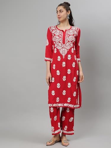 Image of Seva Chikan Hand Embroidered Lucknowi Chikankari Rayon Kurta and Palazzo Set SCL8037