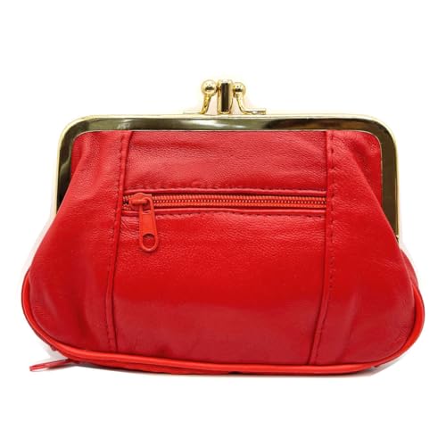 Charmoni - Portefeuille Femme - Porte Monnaie Fermeture clic clac Fermoir - Poche zippée - en Cuir d'agneau - 15 x 10 x 1 cm (Rouge)