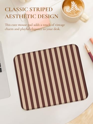 Image of Square Cute Striped Mouse Pad with Stitched Edge, Premium Waterproof Cloth Aesthetic Small Stripe Mouse Mat, Non-Slip Rubber Base Funny Mousepad Desk Accessories,Striped Brown Khaki