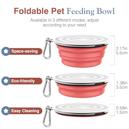 Pawaboo Faltbar Hundenapf, 2 Stück 450ml Hund Reisenäpfe Tragbar Silikon Auslaufsicher Trinknapf Fressnapf mit Deckel und Karabiner für Hunde Katzen Spaziergänge Unterwegs, Hellrosa + Blau