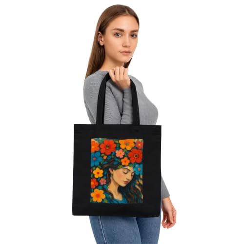 Image of Black Tote Bag With Pocket Printed Designed Canvas Tote Bags For Women large capacity,Tote bag For Shopping, College, Travel, More Canvas Handbag For Unisex Bag