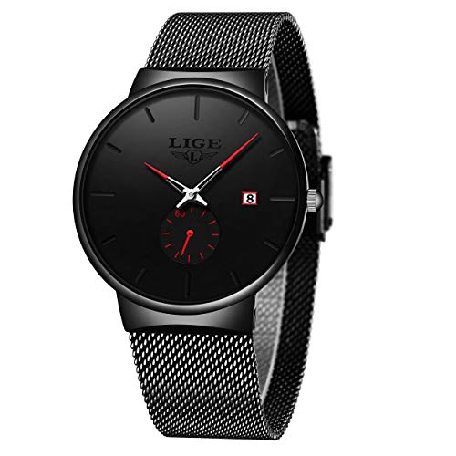 LIGE Mens Waterproof Stainless Steel Fashion Simple All Black Wrist Watch Gents Mesh Band Date Casual Dress Analogue Quartz Watches