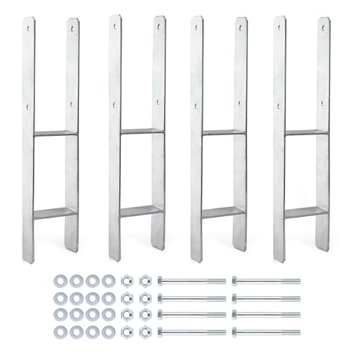 XPOtool Pfostenträger feuerverzinkt 4 Stück 91 x 600 mm H-Anker aus Carbonstahl Pfostenanker mit Bohrlöchern M10 x 110 Pfostenschuh mit 2 Verstrebungen