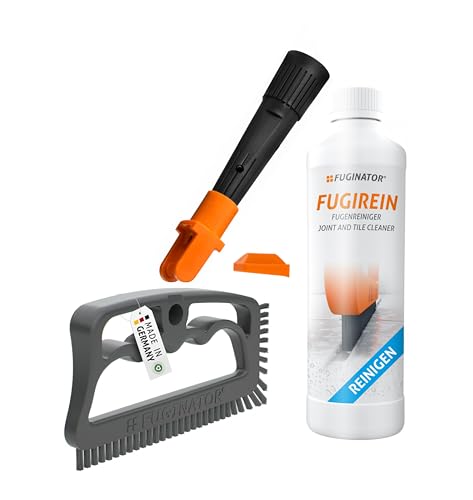 Fuginator - FUGINATOR® Trio mit Fugenbürste in grau/grau, EU-Adapter & Fugenreingier 250 ml – Fugenreinigung im Stehen für Fliesen, WC, Bad etc. Geeignet für Silikon Fugen. Bürste mit harten Borsten