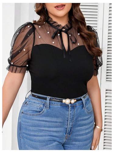 WDIRARA Women's Plus Size Mesh Patchwork Pearls Blouse Tie Neck Puff Short Sleeve Top3