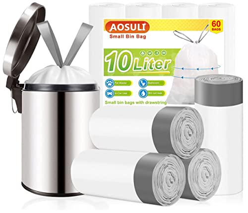 10L Bin Liners Drawstring bin bags with Tie Handle Small Bin Bags for Bathroom pedal Bin Office Waste Paper Bin(60 Liners White)