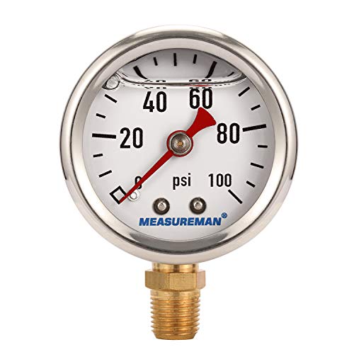MEASUREMAN 1-1/2" Dial Size, 304 Stainless Steel case, Liquid Filled Fuel Pressure Gauge, 0-100Psi, +/-3-2-3%, 1/8" NPT Center Back Mount