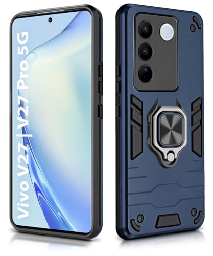 Image of WOW IMAGINE Shock Proof Back Case Mobile Cover for Vivo V27 | V27 Pro 5G (Tough Armor | Hybrid PC + TPU | Full Protection with Ring Holder & in-Built Kickstand | Blue)