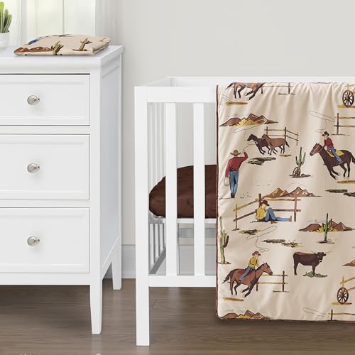 Image of Sweet Jojo Designs Brown Western Cowboy Boy Baby Mini Crib Bedding Set Infant Nursery Room Newborn Blanket Portable Pack n Play Sheets 3p Wild West Horseshoe Southern Charm Country Horse Cow Animal