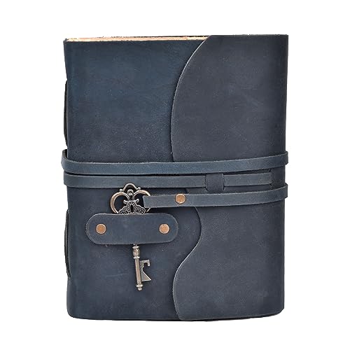 Image of LEATHER VILLAGE Leather Diary Key Lock, Navy Blue 10x7.