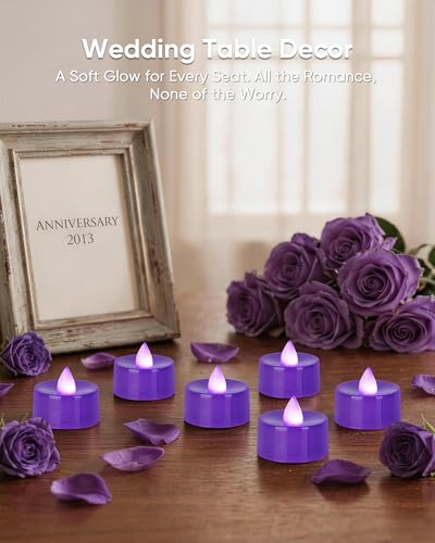 Image of Homemory Purple Tea Lights Candles Battery Operated, Flickering Flameless LED Votive Candles, Warm White Tealights for Halloween, Purple Wedding, Masquerade Party, Gothic Decor, Witchy Party, 12-Pack
