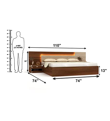 Image of King Size Engineered Wood Bed with Storage, LED Headboard & Side Tables | Modern Wooden Double Bed Cot for Bedroom | Heavy Duty Platform Bed Frame | Walnut Brown |Free Assembly