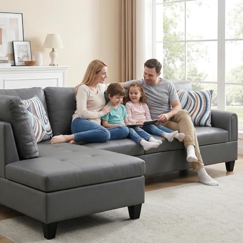 Image of L-Shaped Sectional Sofa, Modern 4-Seat Couch with Left Facing Chaise, Leather Sectional Couch for Living Room, Apartment, Office, Dark Grey