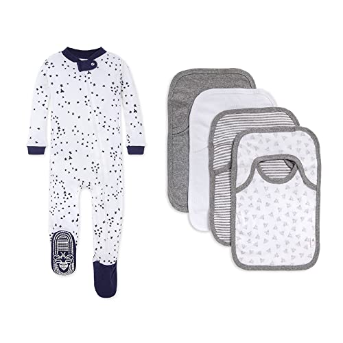 Image of Burt's Bees Baby baby-girls Zip-up Footed Sleeper Pj & Set of Bibs Gift Bundle, 100% Organic Cotton