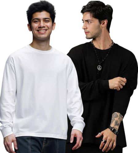 Image of Oversized Cotton Plain Full Sleeve Round Neck Combo T Shirt for Men Pack of 2