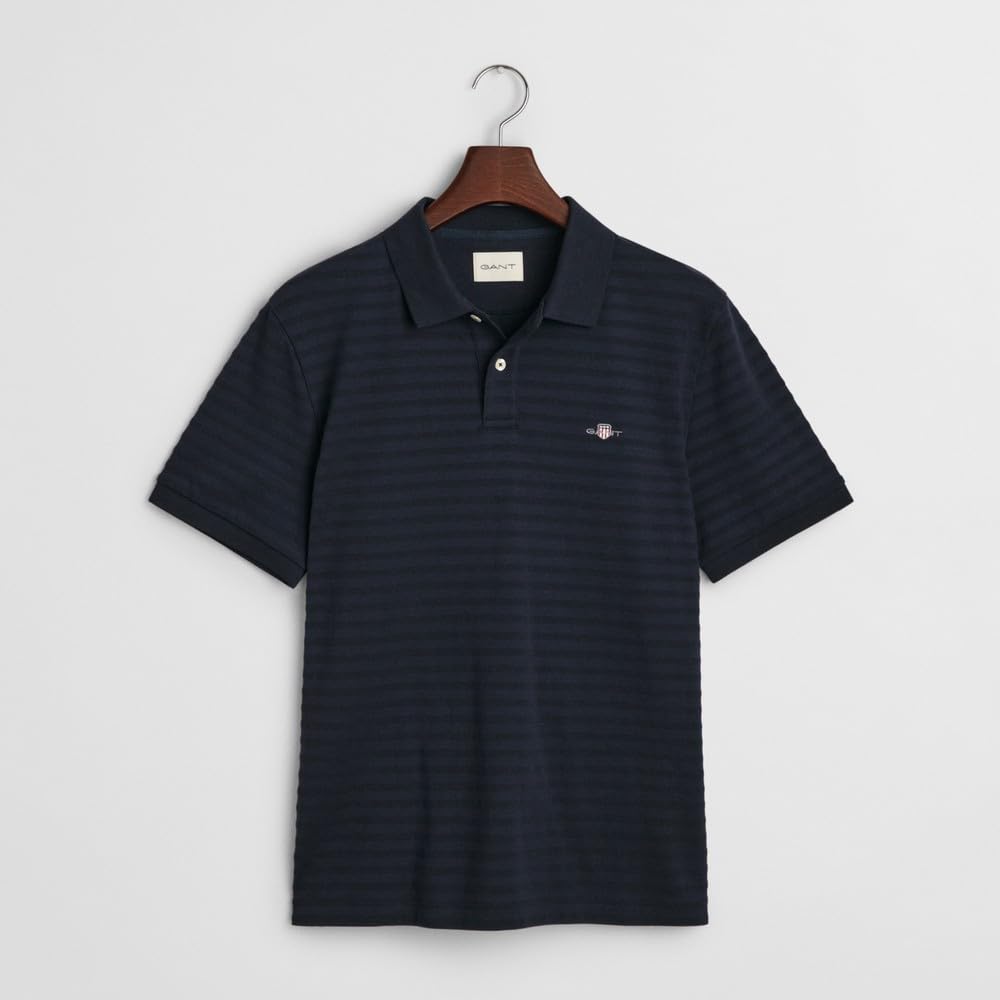 Gant Men's Blue Men Textured Striped Polo Shirt (Xxl) Xxl