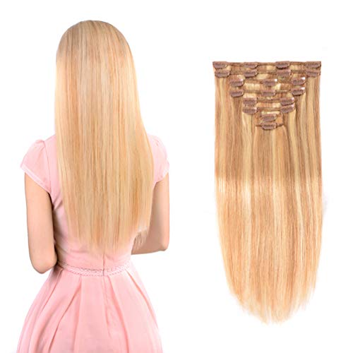Real Clip in Hair Extensions #18/613 8 Pieces - Premium Women Straight Double Weft Thick Remy Hair Extensions Clip in on Human Hair for Short Hair (18" / 18 inch, #18/613, 112 grams/3.9 Oz)