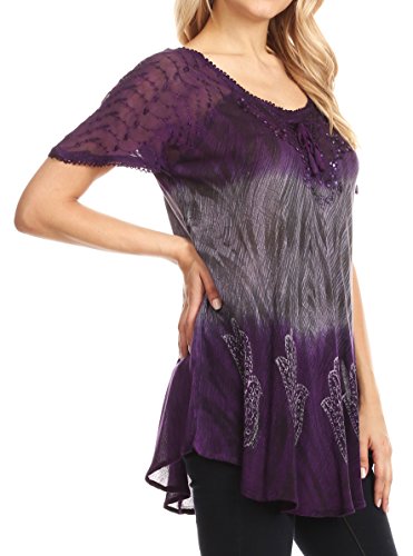 Sakkas Lily Casual Everyday Summer Short Sleeve Top Blouse with Block Print & Lace3