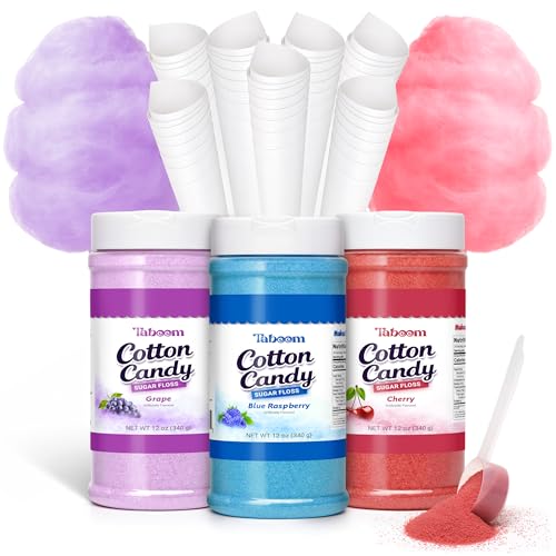 Cotton Candy Sugar Floss Variety Pack - Grape Raspberry & Cherry Flavors 3 Bottles (12oz Each) Includes 55 Cotton Candy Cones for Home & Commercial Cotton Candy Machines Parties Carnivals & Events