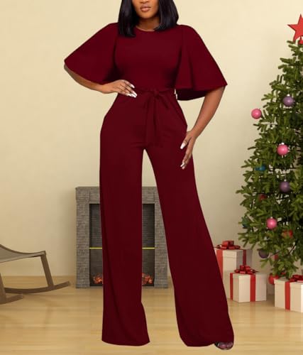 BessCops Womens Loose Short Sleeve Belted Wide Leg Pant Romper Jumpsuit Casual Business One Piece Outfits - Image 5