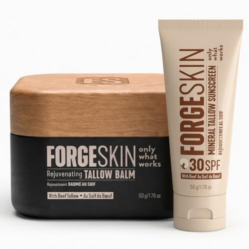 Forge Skin® Men's Beef Tallow Skincare Bundle | Wrinkle Defense Beef Tallow Balm Moisturizer Hydrating Anti-Aging + Mineral Tallow Non Nano Zinc Oxide Sunscreen SPF 30