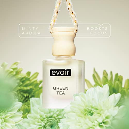 Image of Evair Green Tea Car Air Freshener | Hanging Car Perfume | Premium Car Fresheners | Car Aroma with Essential Oils| Hanging Perfume for Car in Glass Bottle with Wooden Diffuser Lid (10ml, Pack of 1)